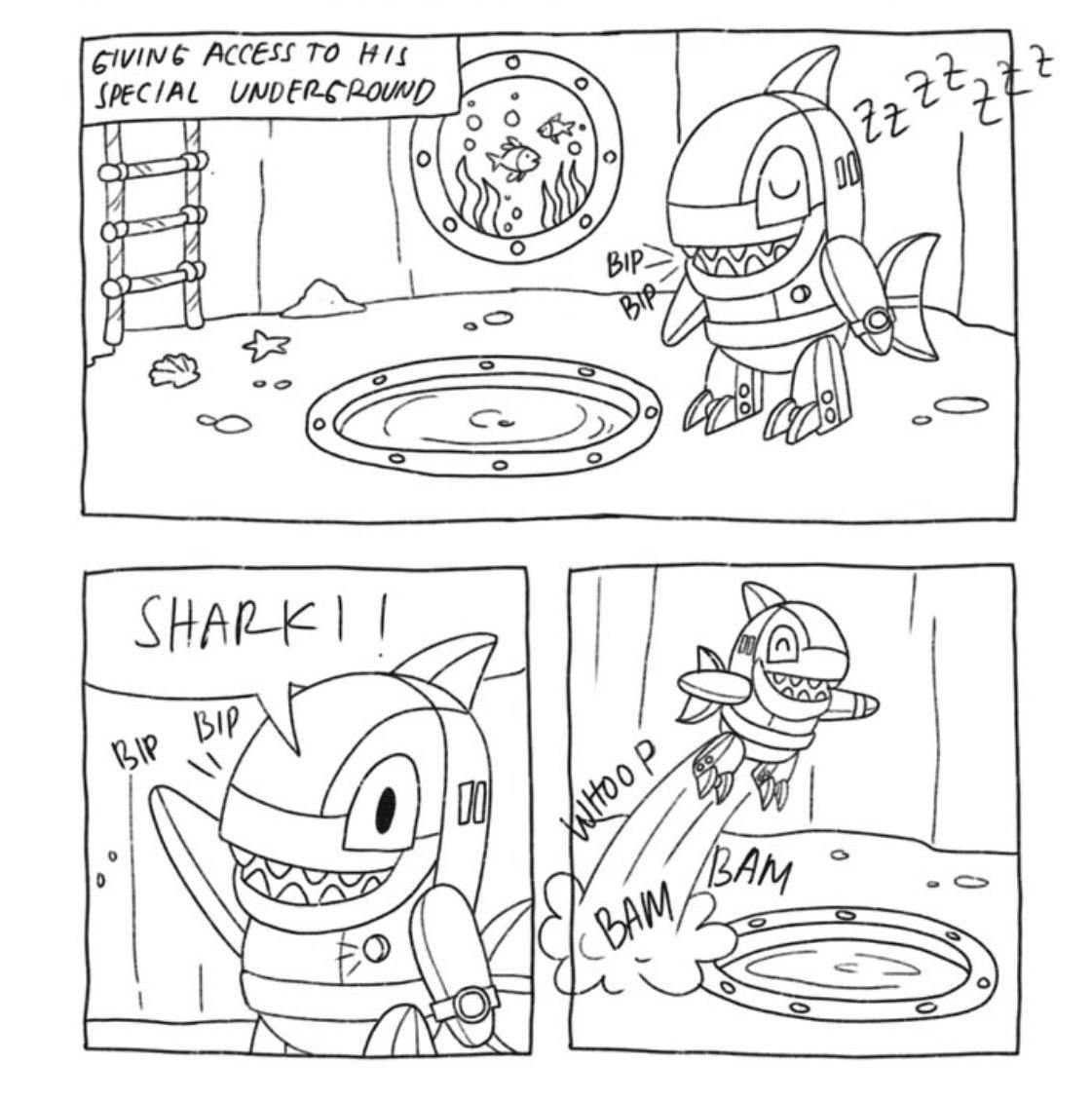 Three-panel black and white comic: a sleeping robot shark wakes up with a beep, shouts 'Shark!' and blasts off into an underground hatch.